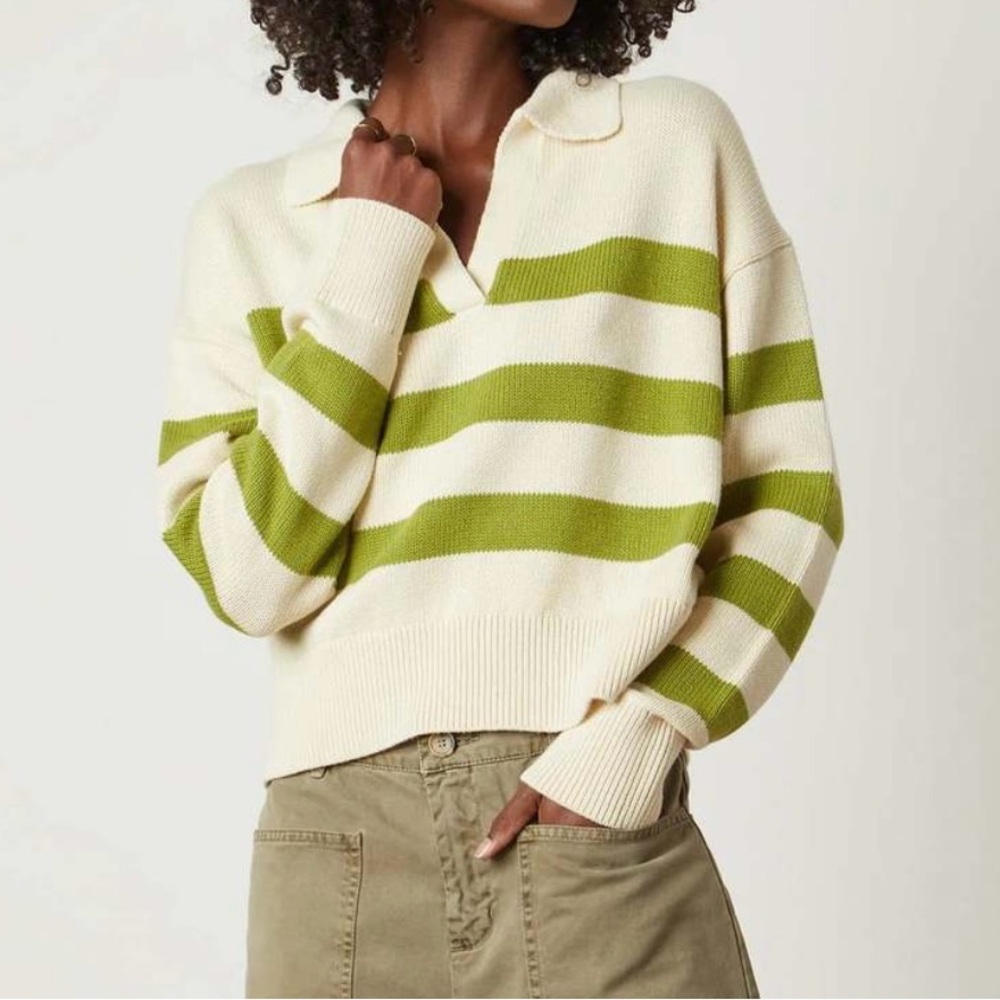 Velvet by Graham & Spencer Lucie lime/Cream rugby-striped polo Sweater sz small